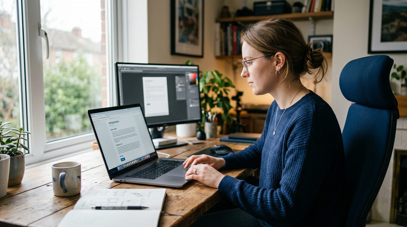 Freelancer reviewing an AI-generated job application on a laptop